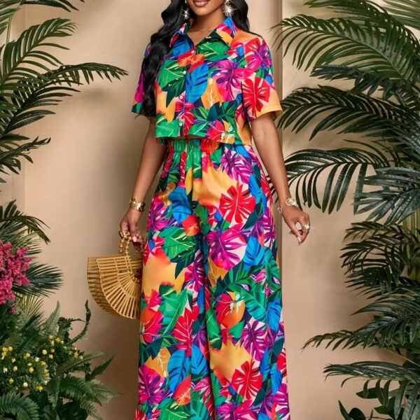 European and American Cross-Border Amazon AliExpress Spring and Summer New Printed Loose Short Sleeve Top + Pants Set