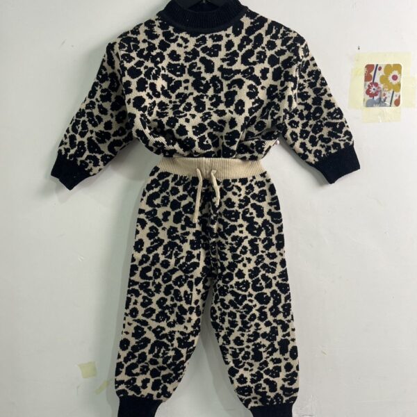 Trendy Leopard Print Long-Sleeve Outfit for Boys and Girls: Baby Outerwear Autumn Sweater and Knitted Pants Two-Piece Set