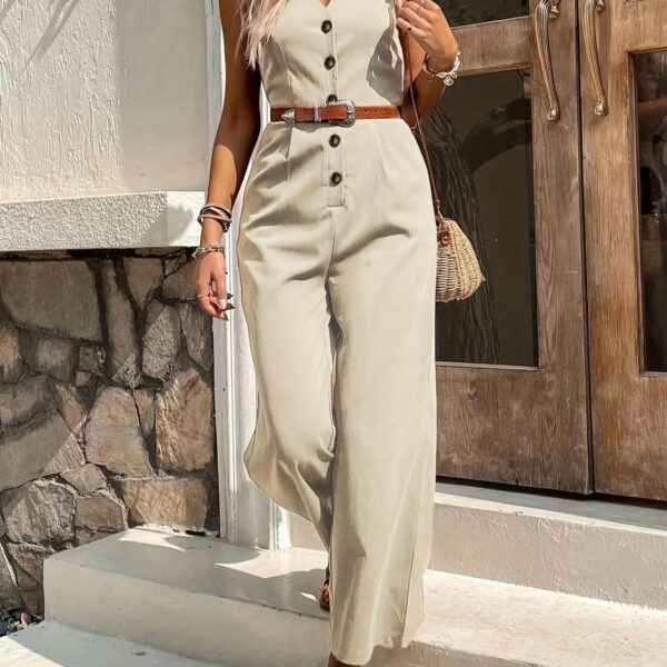 European and American Cross-border Amazon Women's Solid Color Button Front Tank Jumpsuit (Without Belt)