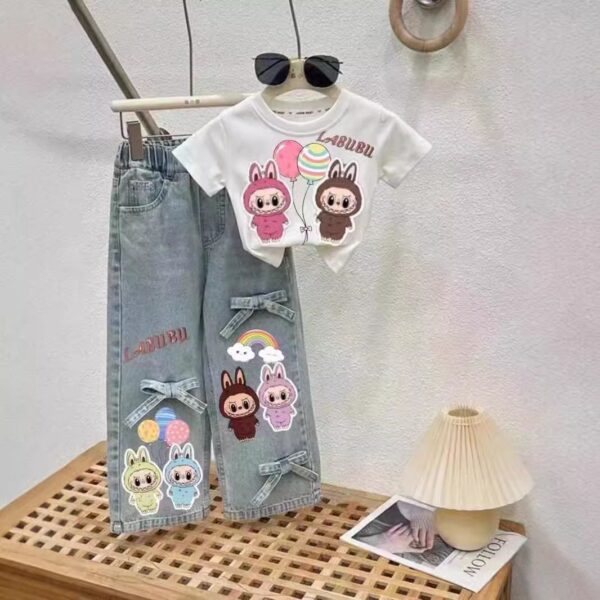 Girls' Summer Outfit LaBubu 2025 New Fashionable Children's Short Sleeve Denim Pants Trendy Two-Piece Set