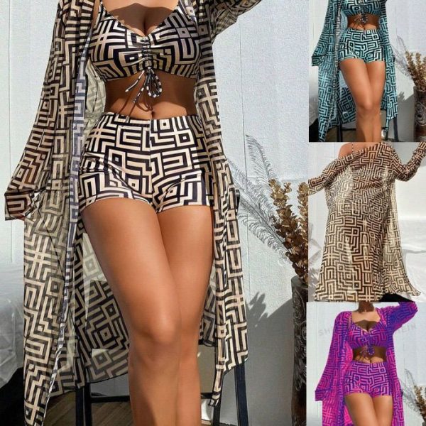 New European and American Amazon Hot-Selling Women's Three-Piece Swimsuit Set with Cover-Up, Gathered Design, Beach High-Waisted Boyshorts Swimwear