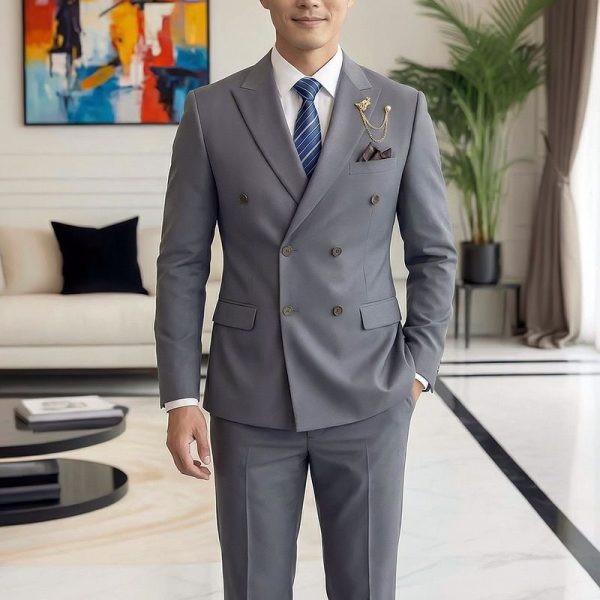Autumn and winter men's two-piece suit, slim-fit business double-breasted groomsman outfit with peaked lapels, groom's wedding suit.