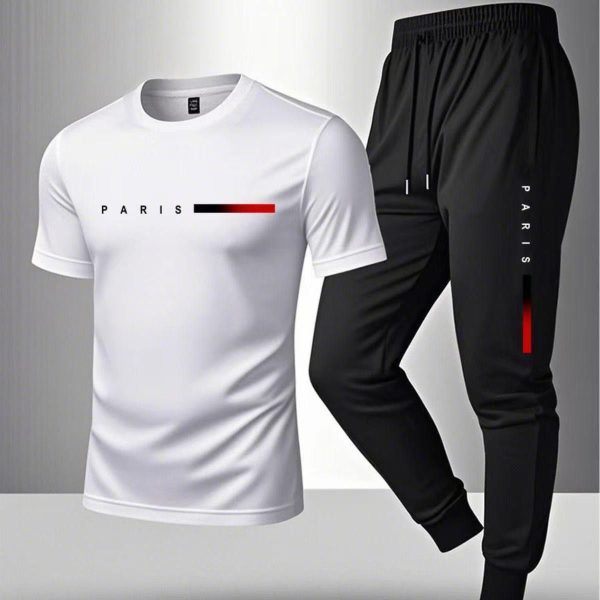 Men's Two-Piece Sports Set: Summer Running Combed Cotton Crew Neck Short Sleeve Training Long Pants Fitness Outfit