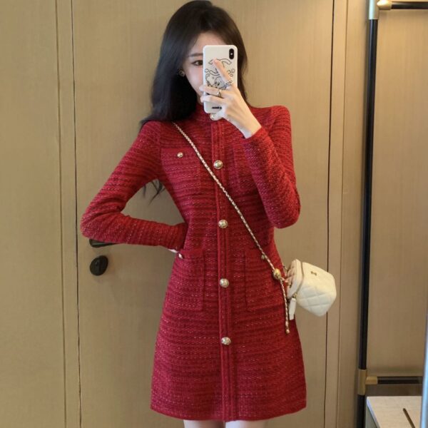 Red Little Chanel Style Dress 2025 New Women's Spring and Autumn Slimming Elegant French Long Sleeve Knitted Dress